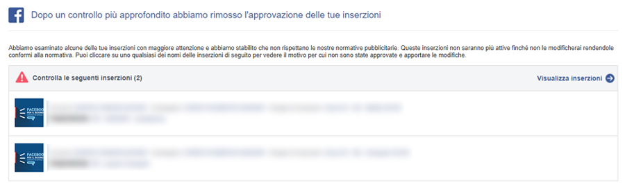 Inserzione Facebook non approvata Mancata approvazione inserzione Facebook